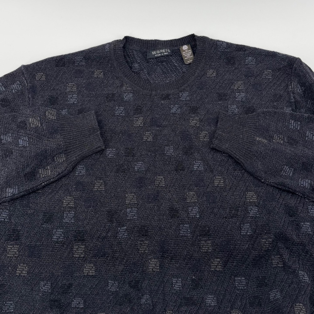 Segreto Merino Wool Crewneck Sweater Geometric Knit Italian Style Large Charcoal